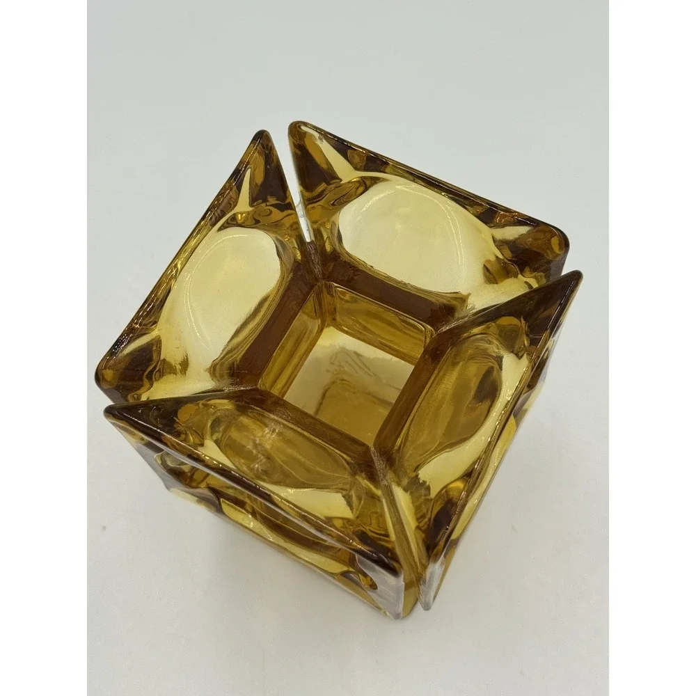 VTG Amber Glass Vase Heavy Square Cube Retro MCM Candle Holder Planter Retro